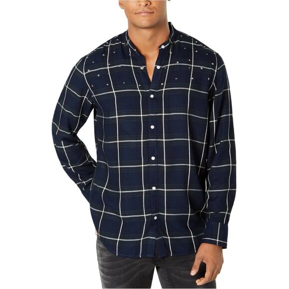 INC International Concepts Star Studded Button Up Shirt Mens XL Blue Green Plaid - Picture 1 of 10